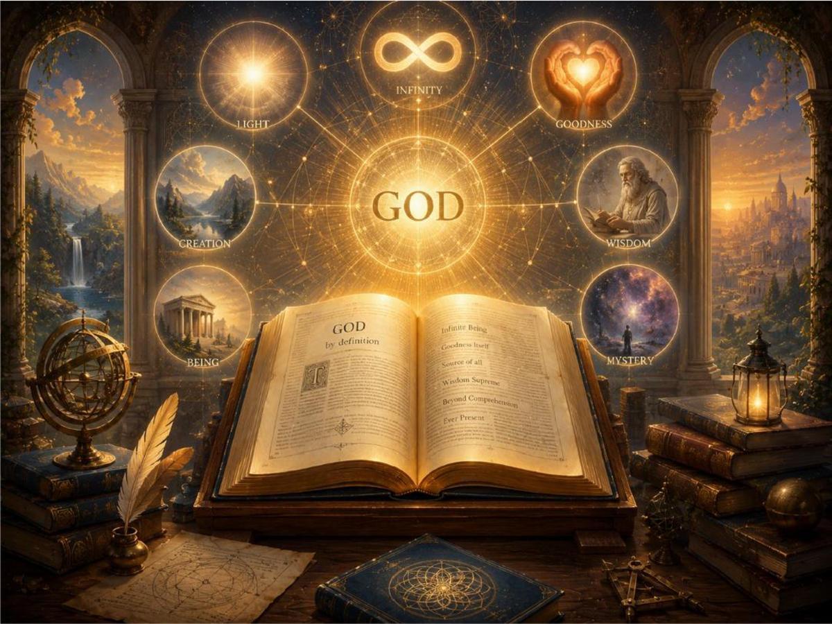 An open book titled GOD on a desk, ringed by symbols of infinity, a heart, a globe, and sacred figures under a night sky.