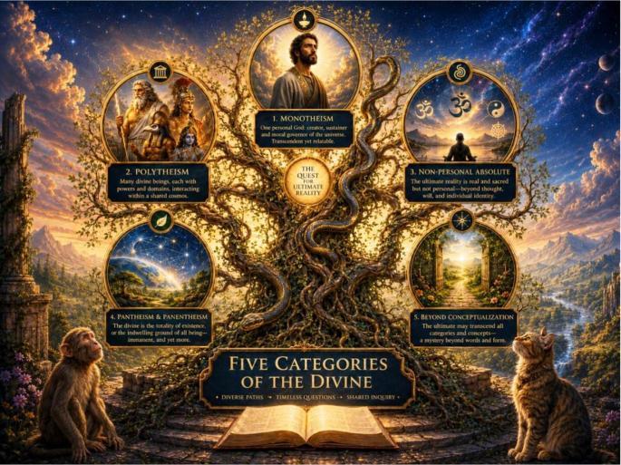 A golden tree of five categories of the divine, with medallions for polytheism, monotheism, pantheism, panentheism, and henotheism.