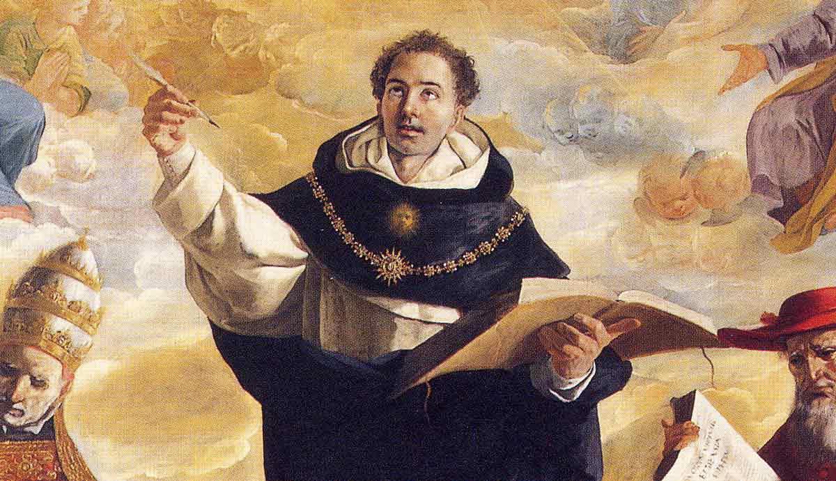 A robed scholar raises a quill beneath a vision of the heavens, with bishops and onlookers around him.
