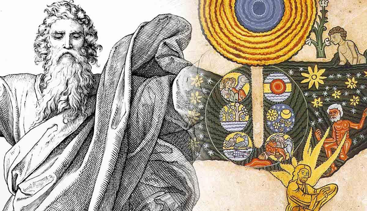 A bearded creator figure beside a radiant diagram of suns, worlds, and living beings unfolding from a center.