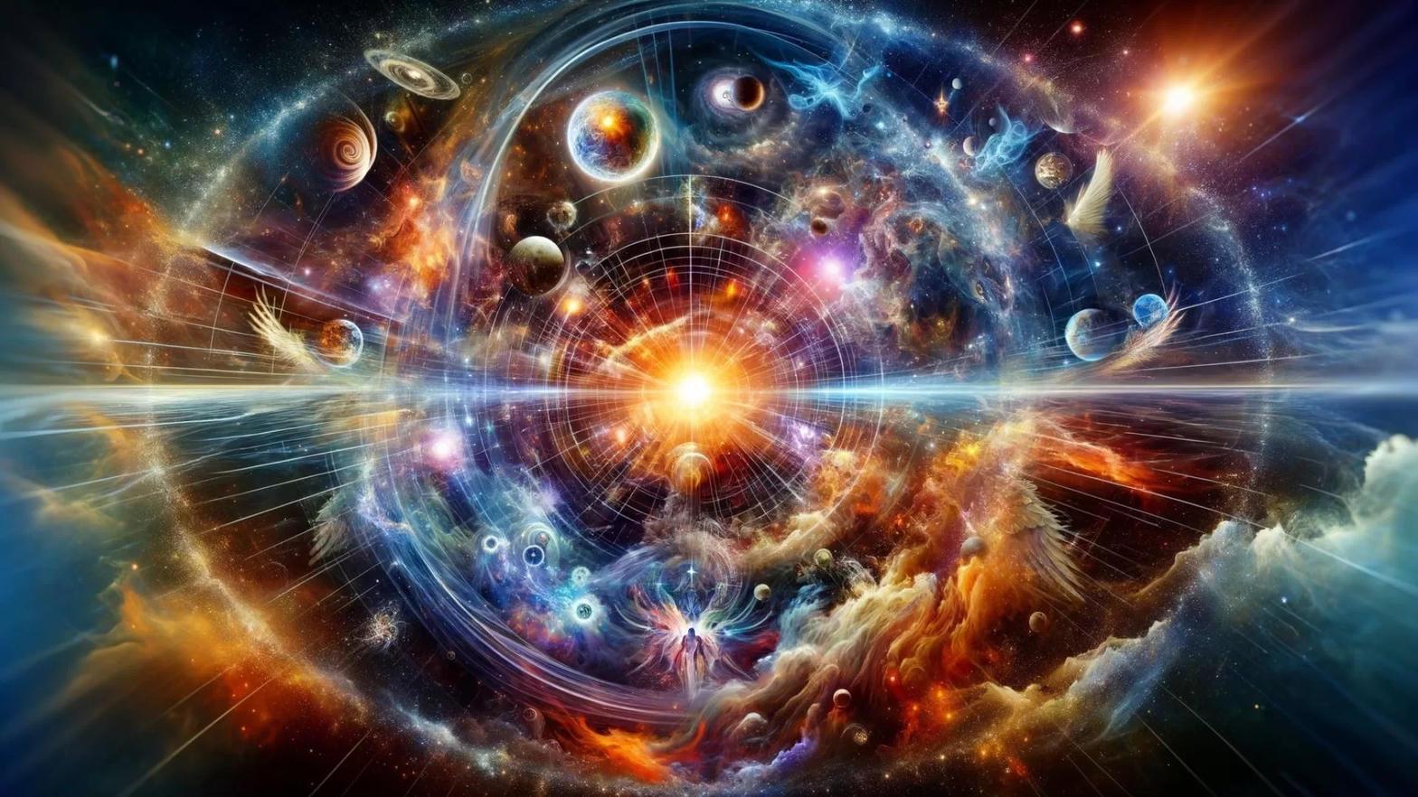 A burst of galaxies, planets, and stars radiating from a bright center in deep space.